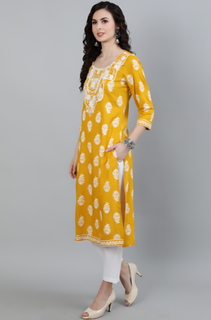 Mustard Heavy Embroidered Khadi Print Straight Kurta