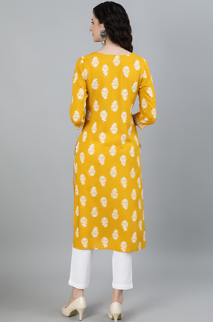 Mustard Heavy Embroidered Khadi Print Straight Kurta - Image 5