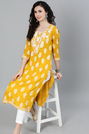 Mustard Heavy Embroidered Khadi Print Straight Kurta - Image 3