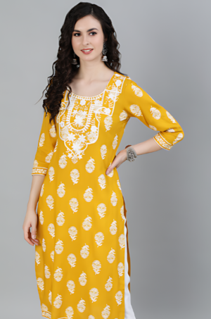 Mustard Heavy Embroidered Khadi Print Straight Kurta - Image 4