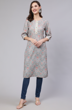 Grey Mirror Work Printed Straight Kurta - Image 2