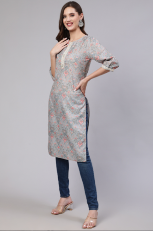 Grey Mirror Work Printed Straight Kurta - Image 3