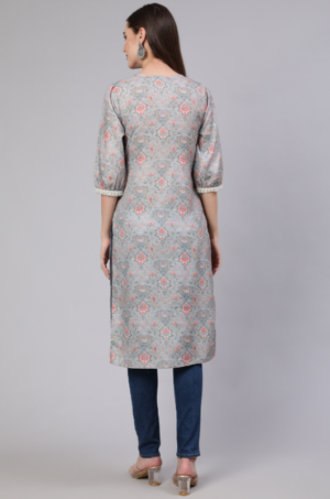 Grey Mirror Work Printed Straight Kurta - Image 4