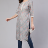Grey Mirror Work Printed Straight Kurta