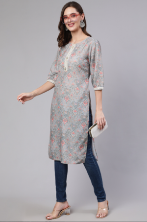 Grey Mirror Work Printed Straight Kurta