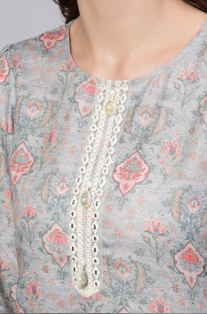 Grey Mirror Work Printed Straight Kurta - Image 5