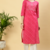 Fushia Bandhej Mirror Work Straight Cotton Kurta