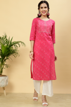 Fushia Bandhej Mirror Work Straight Cotton Kurta