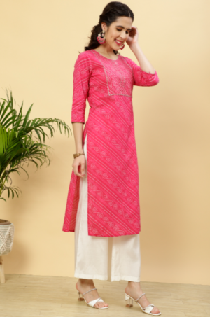 Fushia Bandhej Mirror Work Straight Cotton Kurta - Image 2