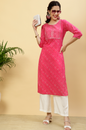 Fushia Bandhej Mirror Work Straight Cotton Kurta - Image 3
