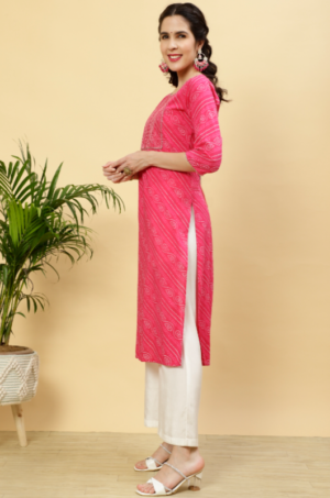 Fushia Bandhej Mirror Work Straight Cotton Kurta - Image 4
