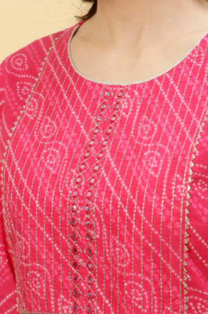 Fushia Bandhej Mirror Work Straight Cotton Kurta - Image 5