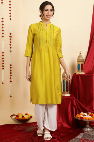 Embroidered Mustard Pintuck Straight Kurta