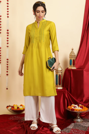 Embroidered Mustard Pintuck Straight Kurta - Image 2