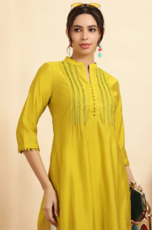 Embroidered Mustard Pintuck Straight Kurta - Image 4