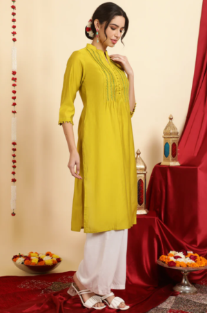 Embroidered Mustard Pintuck Straight Kurta - Image 3