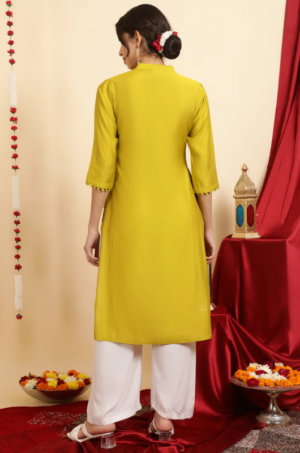 Embroidered Mustard Pintuck Straight Kurta - Image 5
