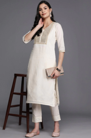 Off White Yoke Design Cotton Straight Kurta