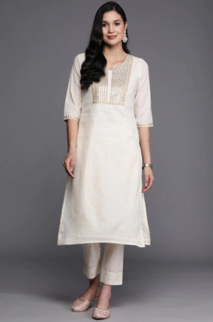 Off White Yoke Design Cotton Straight Kurta - Image 2