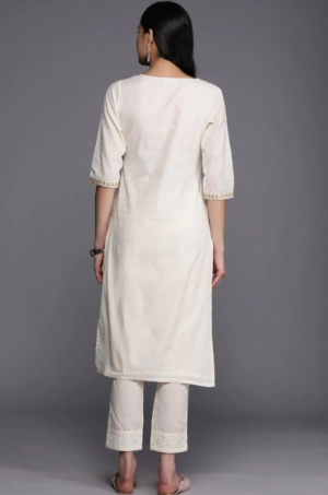 Off White Yoke Design Cotton Straight Kurta - Image 5