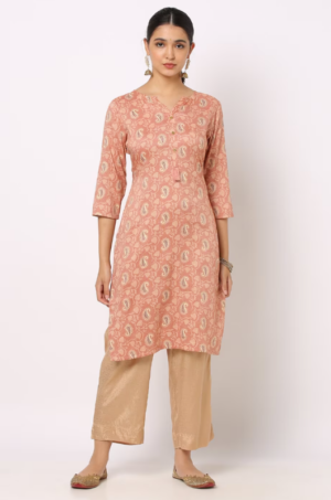 Peach Printed Straight Kurta - Image 2