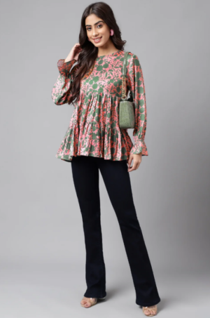 Pink Satin Digital Floral Printed Flared Top