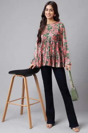 Pink Satin Digital Floral Printed Flared Top - Image 3