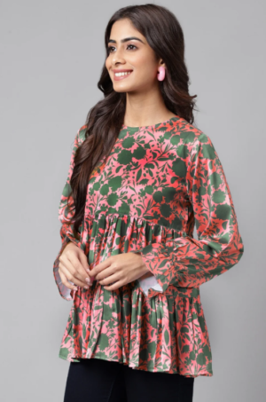 Pink Satin Digital Floral Printed Flared Top - Image 2