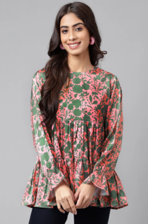 Pink Satin Digital Floral Printed Flared Top - Image 4
