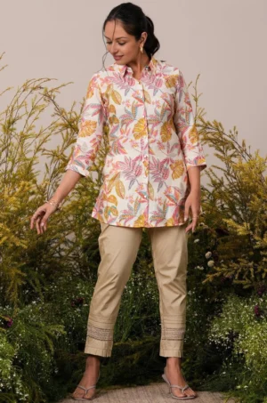 Cream Printed Silk Blend A-Line Kurti