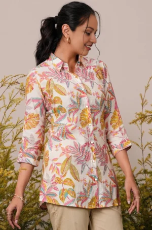 Cream Printed Silk Blend A-Line Kurti - Image 3