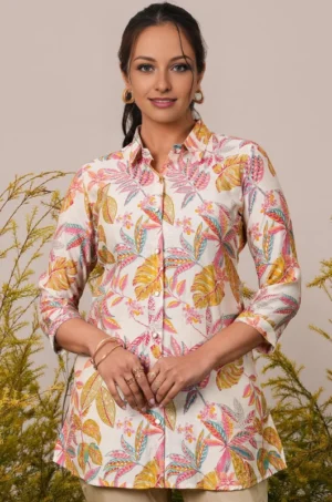 Cream Printed Silk Blend A-Line Kurti - Image 2